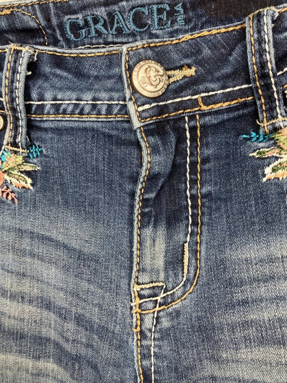 GRACE Women's Embroidered Floral Skinny Jeans Size 27 Mid Rise Stretch Denim Y2K - Picture 5 of 13